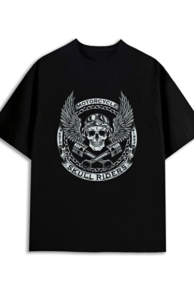 BASEPULSE Motorcycle Skull T-Shirt Skeleton Tshirts Men 180G 100% Cotton Blac...