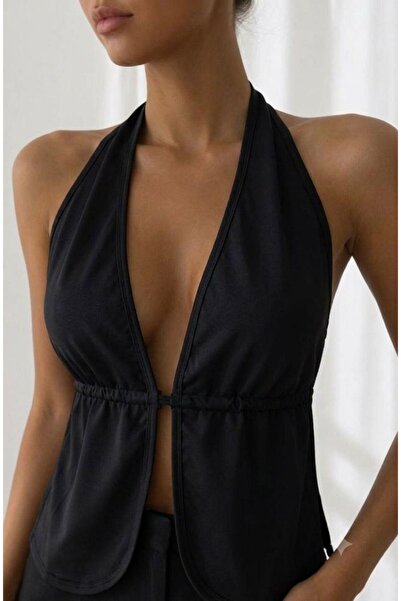 OTD STORE Black Backless Tie-Up Crop Blouse – Low-Cut Women's Top