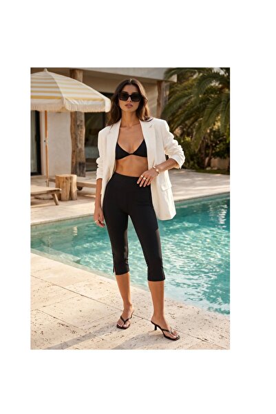 BEŞİR GİYİM Black Slit Detailed Capri Leggings