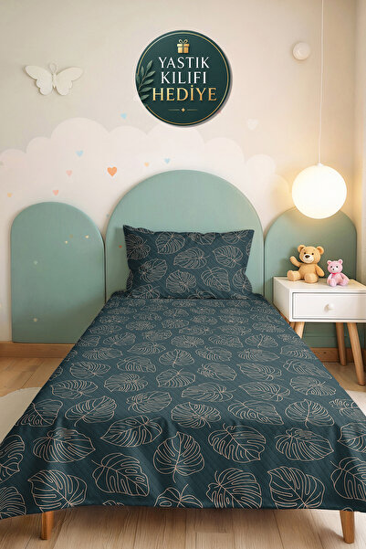 Evimde Bambaşka Botanical Leafy Blue Young Room Single Pique Set - Petrol Gre...
