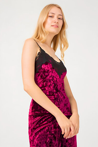 Homay 2-Piece Lace Trim Thin Strap Velvet Pajama Set