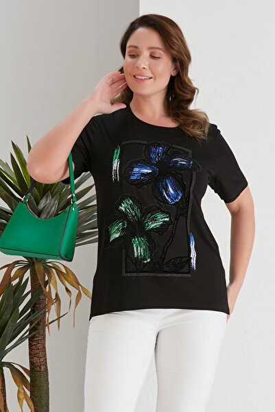 wearon tekstil Tricou negru din bumbac pieptănat, cu imprimeu flocat cu trand...
