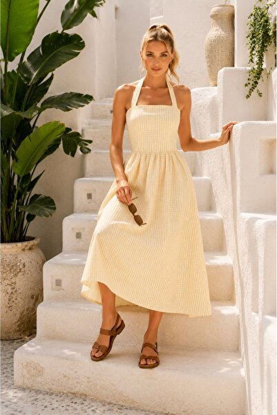 Noi Belis Midi Length Gingham Dress with Tie Detail at the Neck Ss26El0048