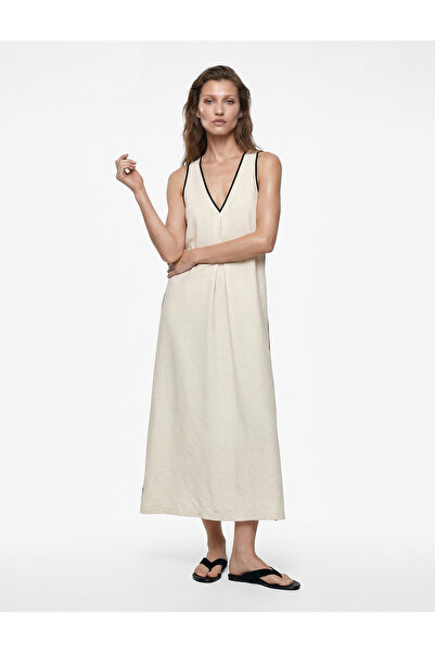 Koton Sleeveless V-Neck Ribbed Midi Flared Linen Dress