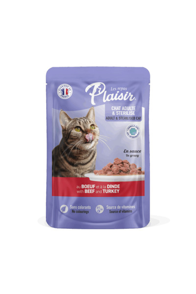 Plaisir Hrană umedă pentru pisici, sterilizată, vită și curcan, 100g