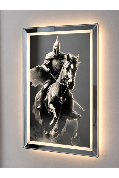 60x90 cm LED Işıklı Dekoratif Aynalı Tablo - Atlı Savaşçı Desenli - Temperli Cam - Duvar Dekoru - Modern LED Tablo