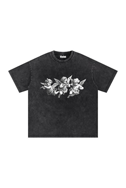 Violon Tricou oversize unisex negru, lavabil, cu imprimeu Three Angel