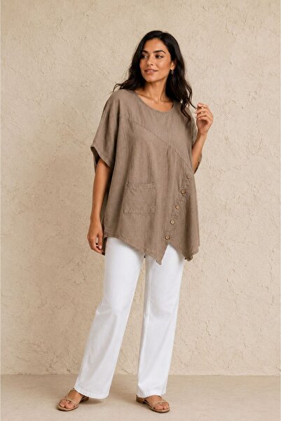 AGORATEKSTİL Women's Button Detailed Pocketed Cotton Oversize Blouse 44-50