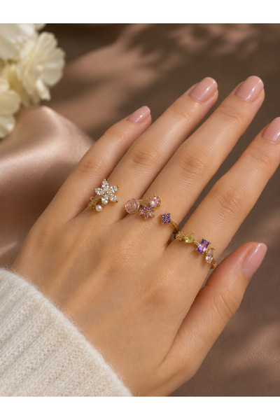 JAMMY JEWERLY Gold Renk Ayarlanabilir Çiçek ve Renkli Taş Detaylı 3'lü Yüzük ...