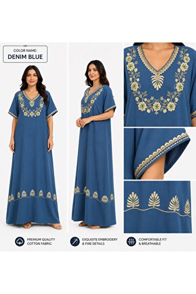 AYOUSH Women's Long Cotton Embroidered Gown - Short Sleeves - Comfortable Ori...