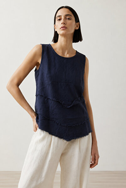 Ivoire Wear Dark Navy Blue Layered Tassel Detailed 100% Cotton Sleeveless Wom...
