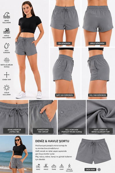 winmoda Women's Pool Swim Shorts Black with Pockets and Elastic Waist