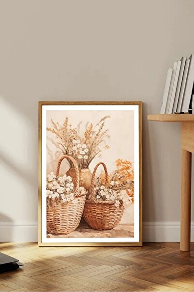 AR AJANS KANVAS TABLO Dried Flowers and Stems in Wicker Basket Decorative Fra...