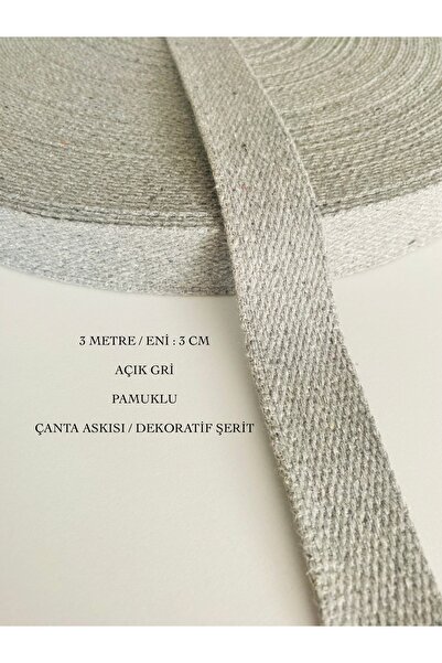 seyranat 3 Metre, Eni 3 Cm Açık Gri Renk Pamuklu Çanta Askısı, Sapı, Dekorati...