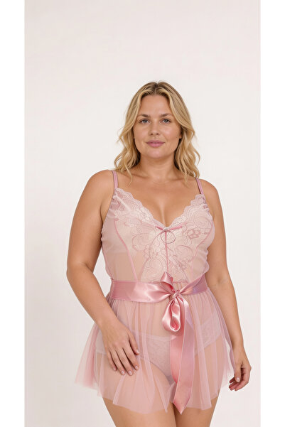 Kadın pembe Dantelli Şortlu Gecelik Büyük Beden Fantezi Babydoll Takım