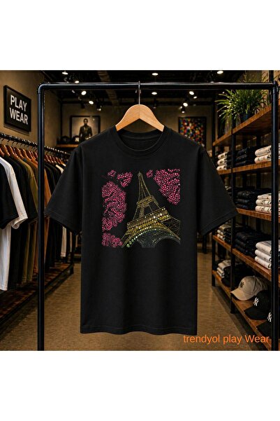 playwear Eiffel Tower Stone Printed 100% Cotton Oversize Loose Regular Fit Cr...