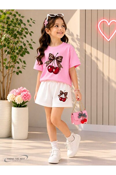 TREND THE BEST Trendin En İyisi Summer Cherry Print Girls' White Shorts, Pink...