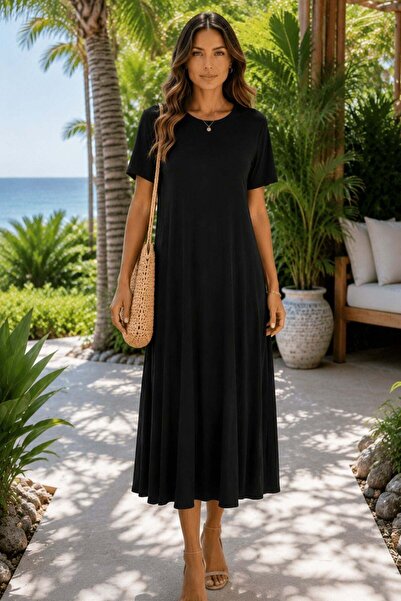 Mossta Basic Crew Neck Long Viscose Dress - Black