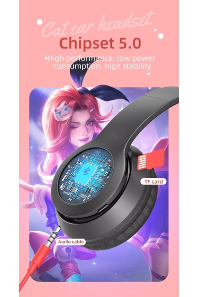 PopZa MZ 47 Light Cat Wireless Over-Ear Headphones & Stereo Sound