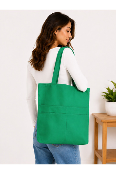 İKStore Women's Green Zippered Hand and Shoulder Bag Fabric Tote Bag Canvas B...