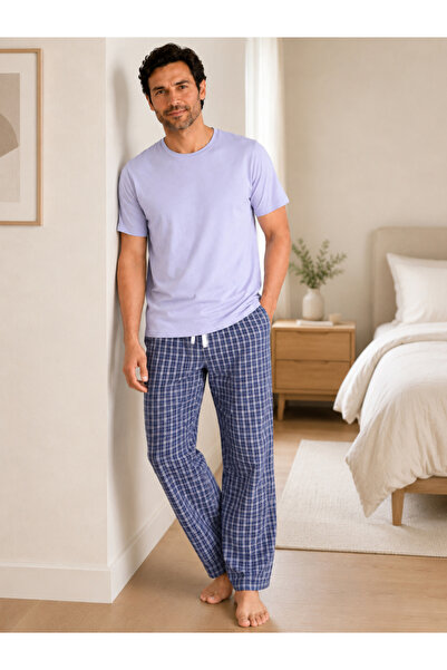 Victor and Jane By Styli Men Solid Cotton T-Shirt and Checked Pyjama Set