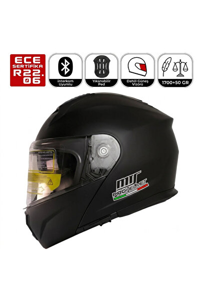 MTS M966 V2 Mat Siyah Motosiklet Kaskı Güneş Vizörlü Çene Açılır Motorcu Kask