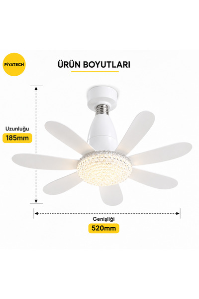PİYATECH E27 Duylu Kumandalı 6 Kanatlı Pervaneli Led Tavan Lambası 30W 3 Renk...