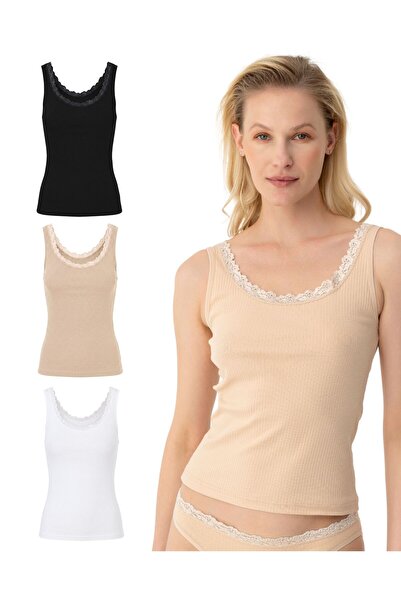 Mimosso Women's Organic Cotton 3-Piece Lace Ribbed Thick Strap Undershirt