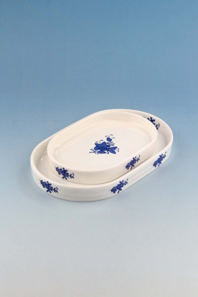 Bursa Porselen Dekor Flowers Blue 2-Piece Porcelain Boat Plate