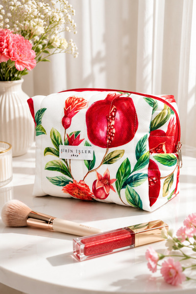 ŞİRİN İŞLER SHOP Nar Çiçeği Desen Makyaj Çantası Büyük Boy