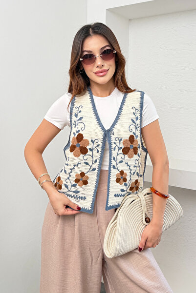 Hatun Atila Hatunatila Women's Embossed Floral Patterned Acrylic Vest Ecru - ...