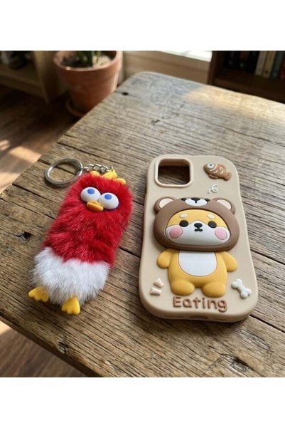 Generic Combo Pack: 3D Cartoon Scalable Holder Silicone Case for iPhone 12/12 Pro & Fluffy Duck Keychain - Red & White