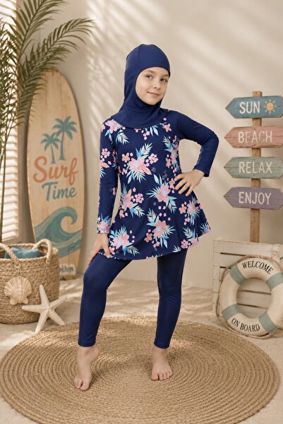 DeKuBaby Three-Piece Girls' Hijab Swimsuit Set with Long Tights (Ages 7-16)