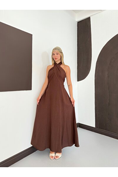MODAMERSİ Women's Brown Halter Neck Long Summer Dress
