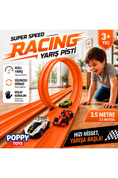 POPPYTOYS 3.5m Esnek Yarış-Araba Pisti Kıvrılabilir Turuncu Renk - Super Spee...