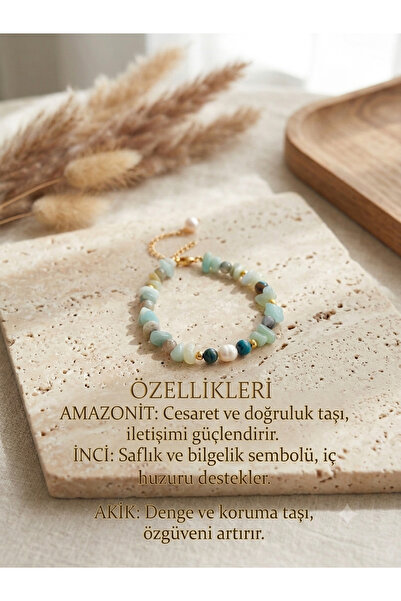 Genel Markalar Doğal Amazonit, Akik ve İnci Taşlı El Yapımı Ayarlanabilir Bil...