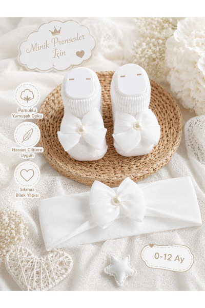 Akface Ecru Baby Socks and Bandana Set with Bow and Pearl Detail, White