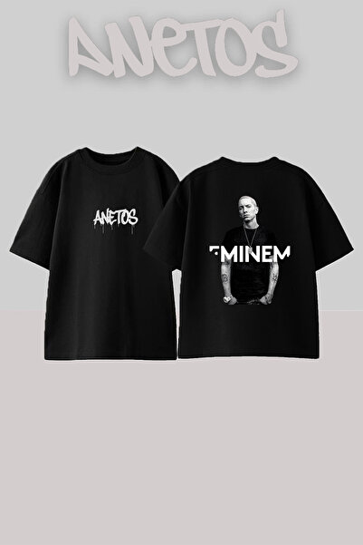 Anetos Eminem Rapper_22 Design Printed Oversize Black T-Shirt
