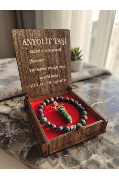 Meneva Aksesuar Anyolite Stone Natural Stone Necklace with Wooden Box, Bracel...