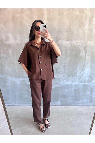 MAESTRO WOMAN Women's Brown Casual Shirt Elastic Pants Gabardine Set