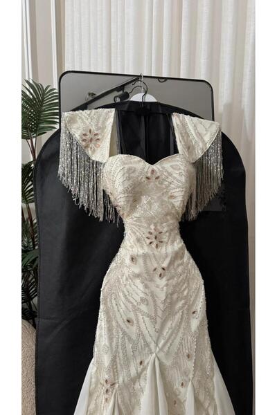 FASHION Pearl White Full Beading Slim Fit Dress with Wide Shoulders and Cryst...