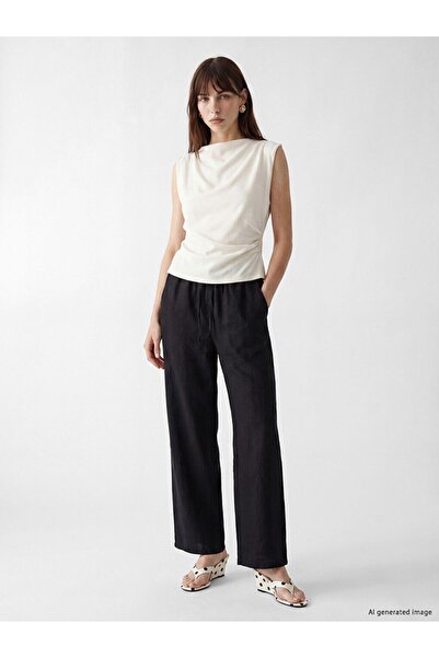 LC Waikiki Lcw Vision Black Elastic Waist Linen Blend Women's Trousers