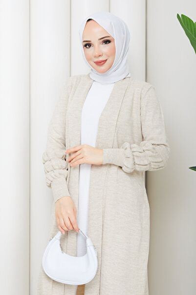 Pamuk Butik Women's Knitwear Cardigan with Stone-Embellished Sleeves and Pockets