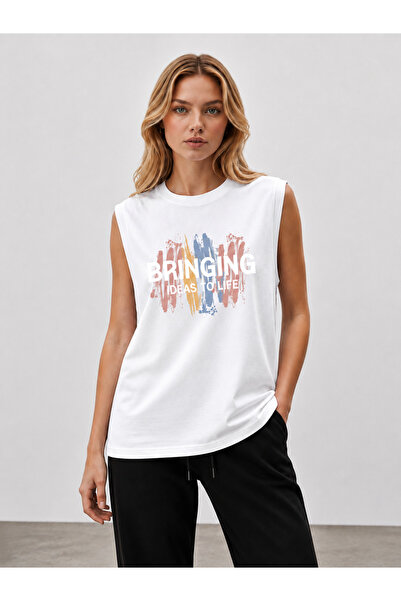 caddekombin Sıfır Kollu Kadın Modern Sanat Baskılı Bisiklet Yaka T-shirt