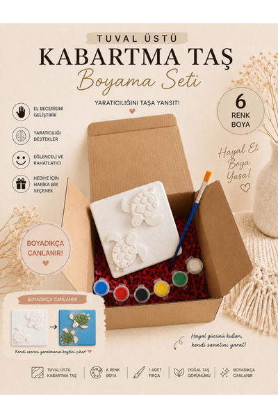 Floroon gift Tuval Üstü Kabartma Taş Boyama Seti | Kaplumbağa Figürlü 10x10 c...