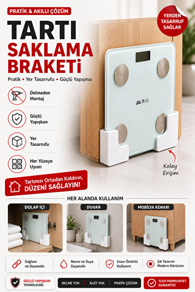 Tartı Saklama Braketi 2'li Set Yapışkanlı | Tartı Düzenleyici Duvar ve Dolap İçi Askısı Çok Amaçlı Yerden Tasarruf Sağlayan Plastik Tutucu Delmeden Montaj Baskül Düzenleyici