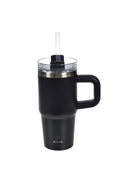 Z Store Pahar termoizolant din oțel inoxidabil negru de 420 ml, cu mâner și pai