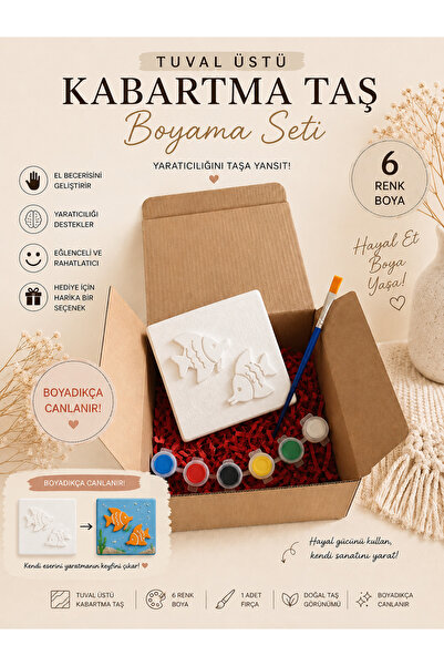 Floroon gift Tuval Üstü Kabartma Taş Boyama Seti | Balık Figürlü 10x10 cm Ken...