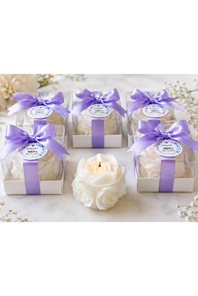 Beyaz Gül Desenli Gül Mum – Kutulu Kişiye Özel Hediyelik Mum - 40 Adet