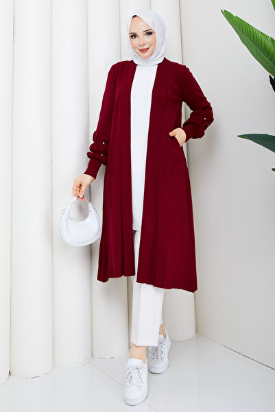 Pamuk Butik Women's Knitwear Cardigan with Stone-Embellished Sleeves and Pockets